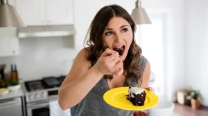 Емоционалното хранене - излезте от порочния кръг - grt female eating chocolate cake kitchen 1296x728 header