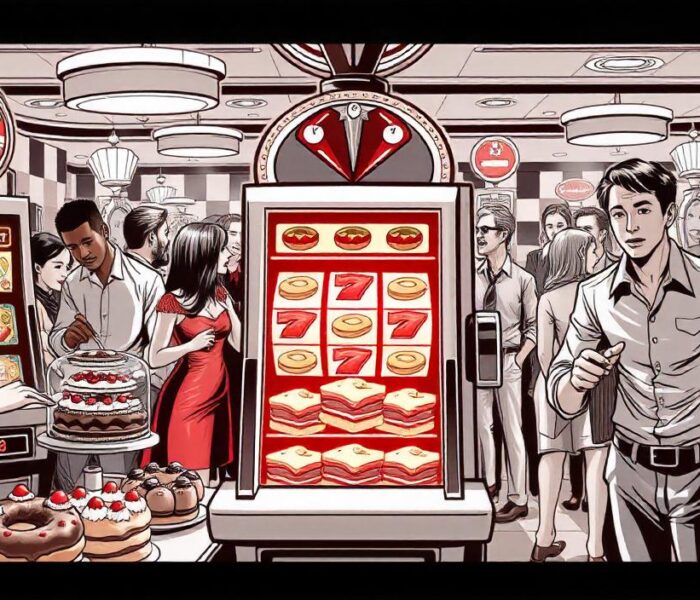 comic image of casino slots with cakes and pastries